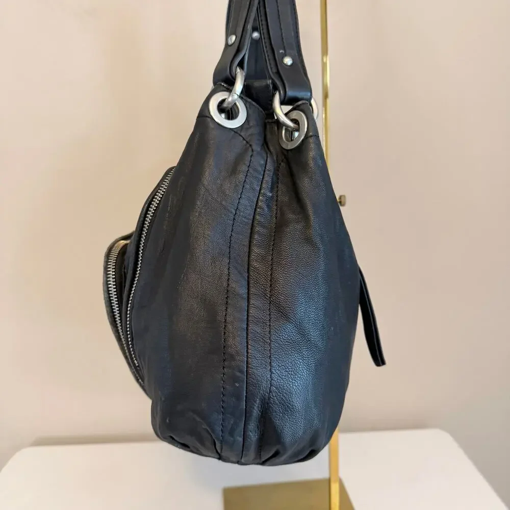 Perlina Hobo Shoulder Bag OS Black Leather Multi Pocket Shoulder Purse Slouchy